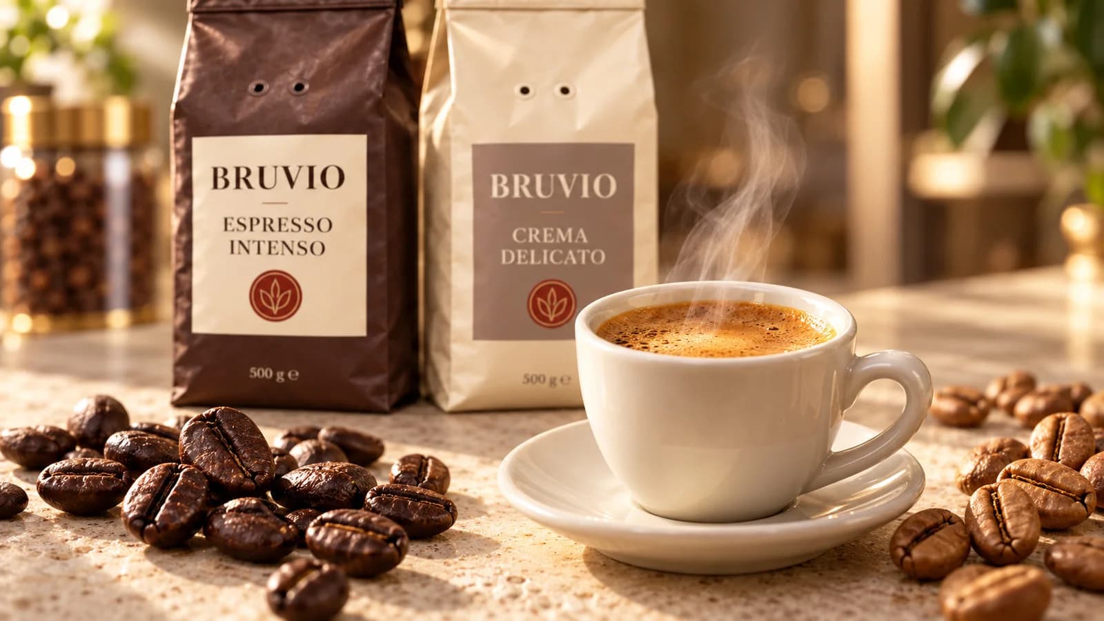 BRUVIO: Espresso Intenso и Crema Delicato, чашка кофе и кофейные зёрна