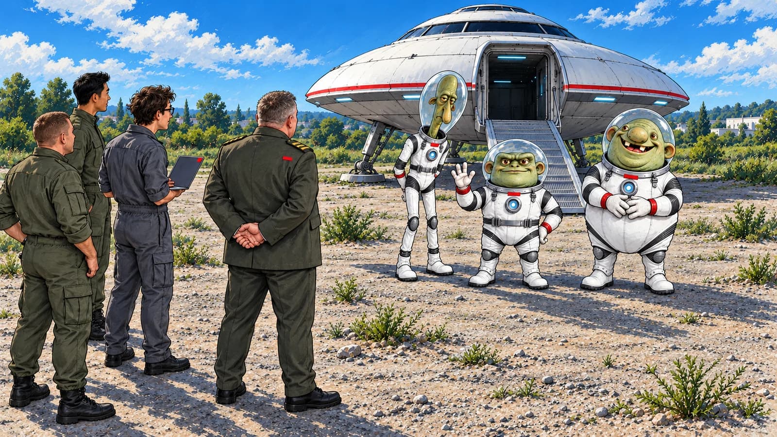 Генерал и его команда встречают троих пришельцев у космического корабля